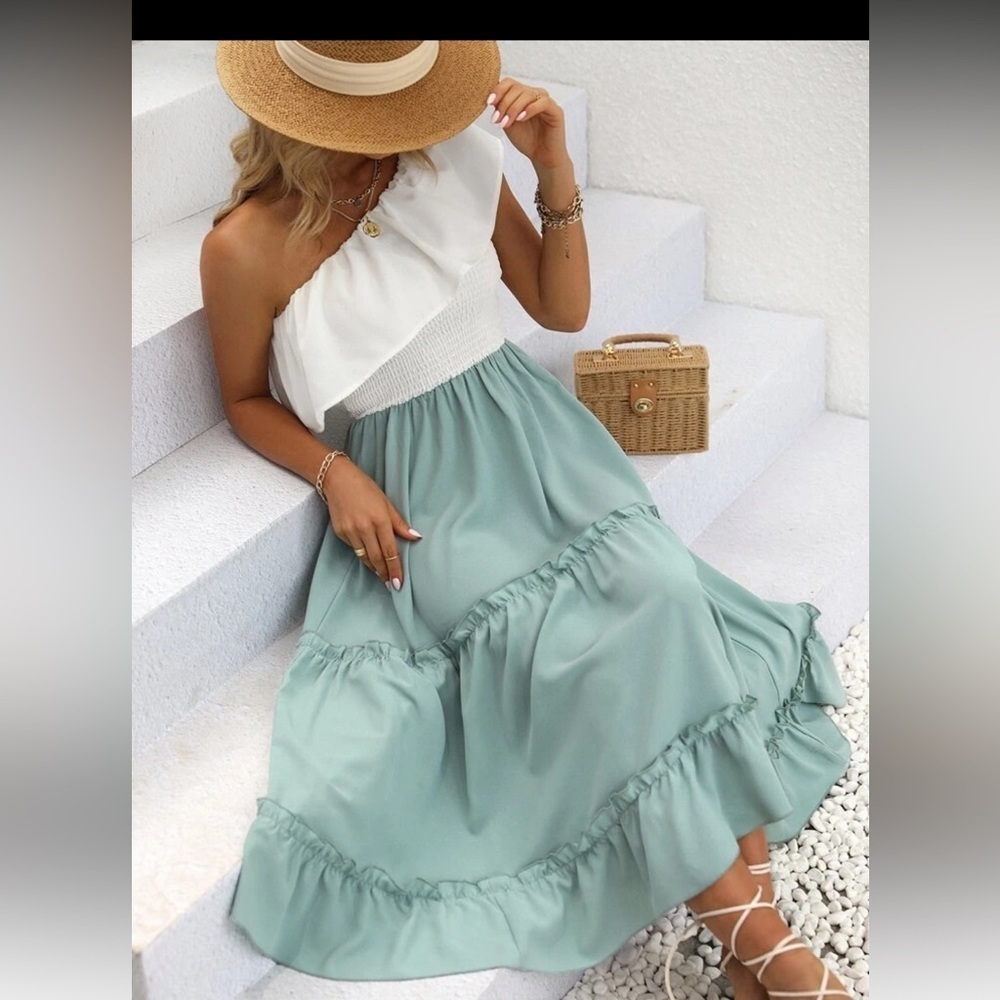 XL SHEIN 2 tone color blocked ruffle trim one shoulder smocked tiered dress aqua